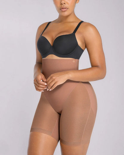 Side view showing waist shaping and tummy smoothing effect of mesh shorts